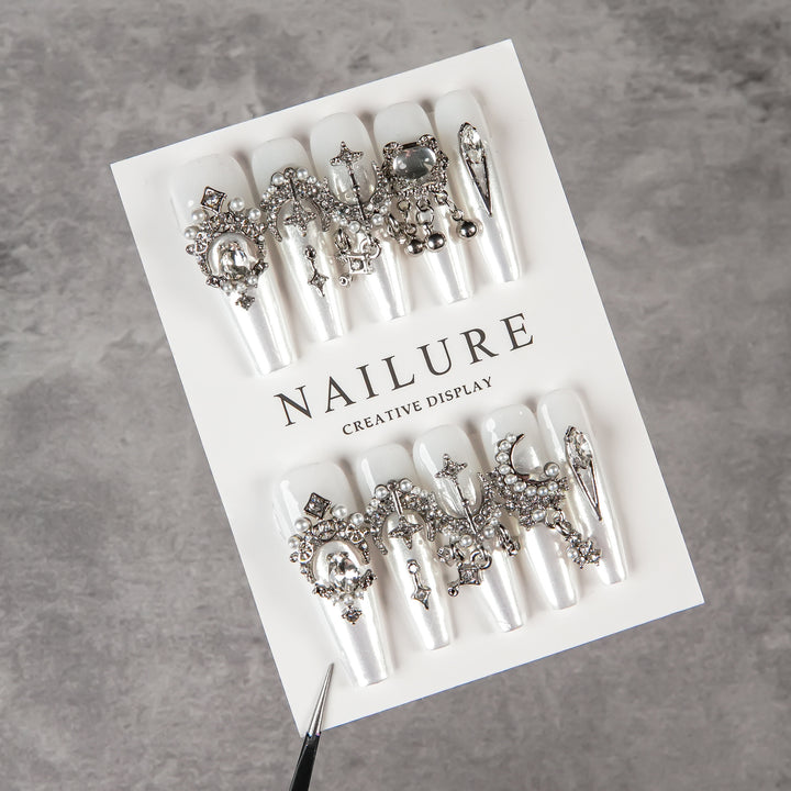 Decorative Press-On Nail Set with Embellishments