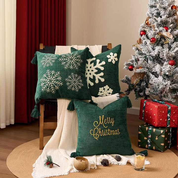 Square Velvet Embroidered Snowflake Pillow Cover with Corner Tassels