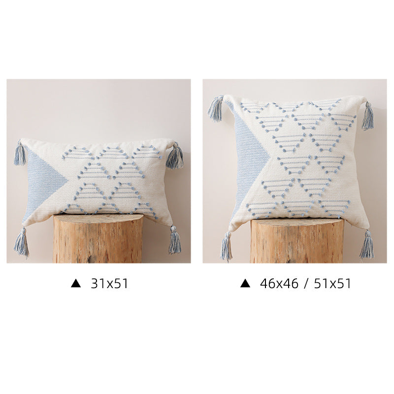 Woven decorative cushion cover with geometric tuft pattern, tassels and concealed zipper
