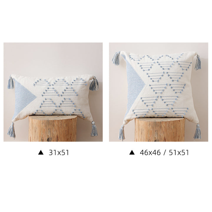Woven decorative cushion cover with geometric tuft pattern, tassels and concealed zipper