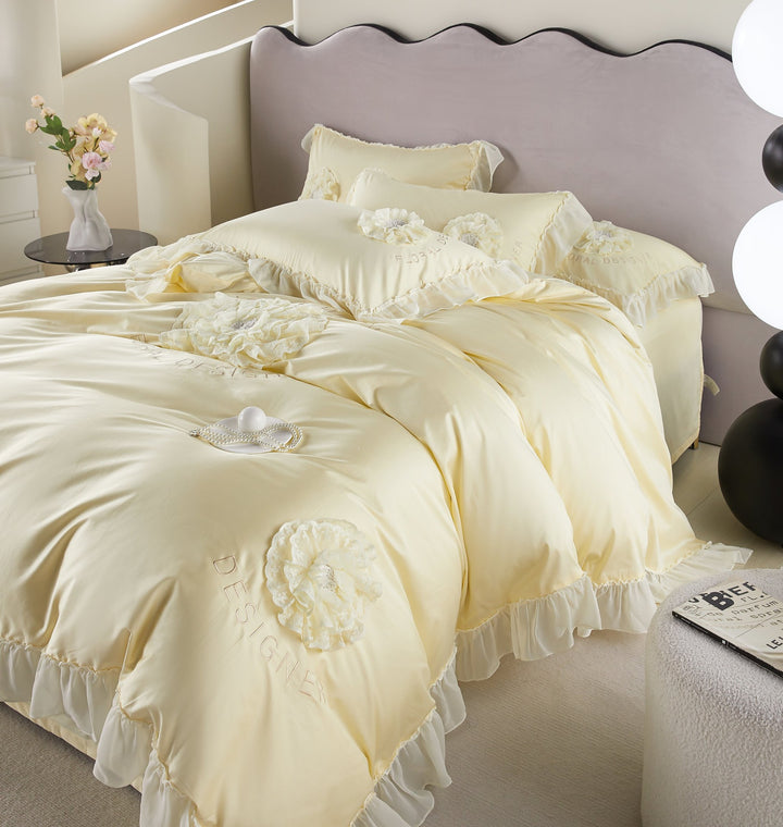 Romantic Ruffled Floral Applique Satin-Feel Duvet Cover Set