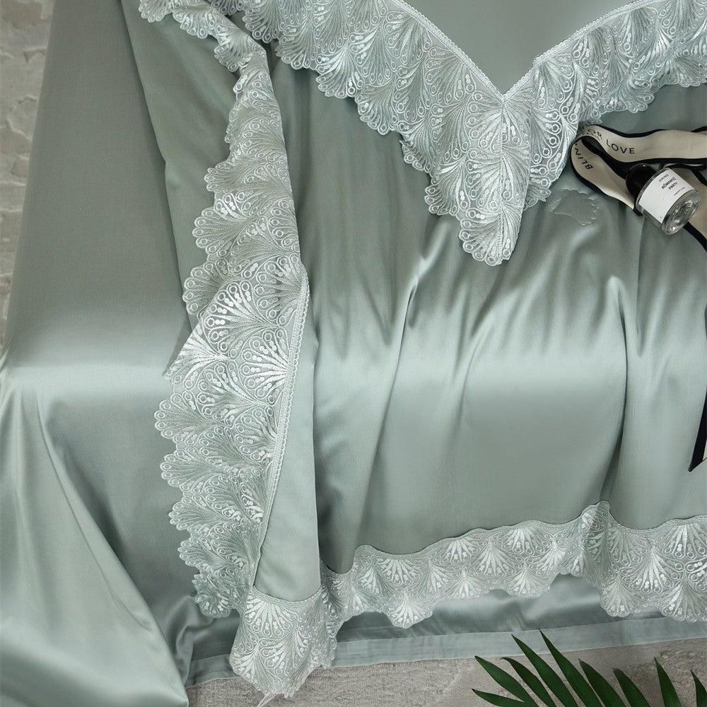Luxurious satin bed linen set with French lace trim