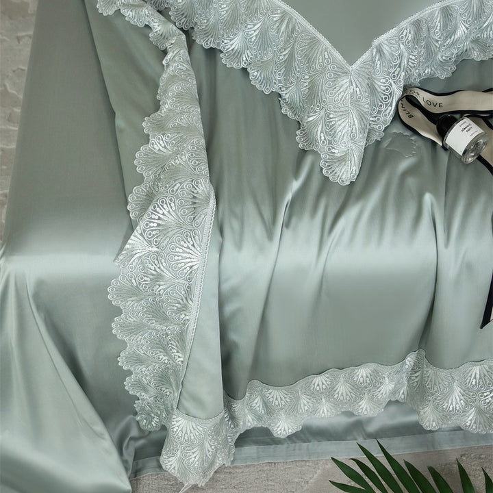 Luxurious satin bed linen set with French lace trim