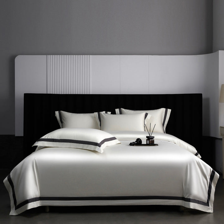 Luxury Cotton Sateen Duvet Cover Set with Contrasting Hem and Border Pillow Shams