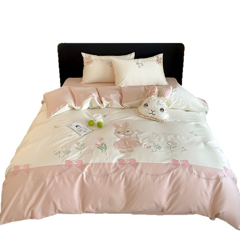 Whimsical Bunny Embroidered Duvet Cover Set with Reversible Sateen Back and Plush Accent