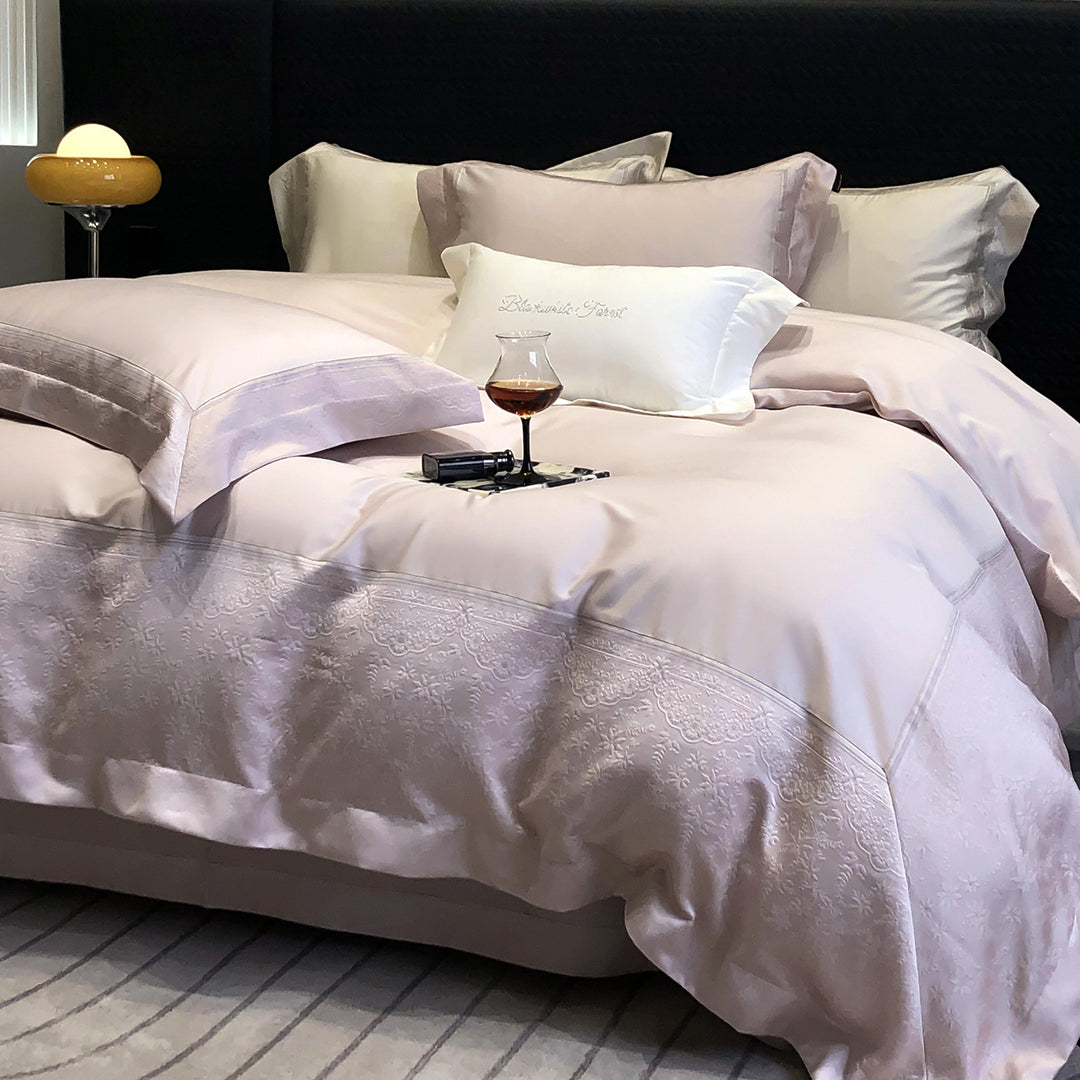 Luxury Textured-Border Egyptian Cotton Duvet Cover Set with Decorative Shams