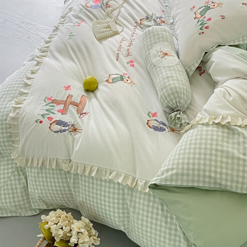 Embroidered Gingham Picnic-Illustration Cotton Duvet Cover Bedding Set