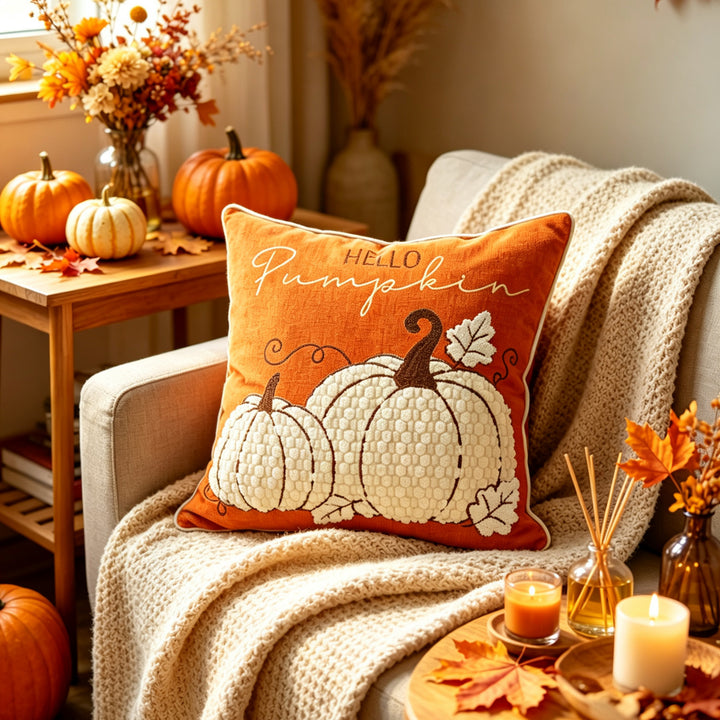 Decorative Autumn Pumpkin Embroidered Throw Pillow