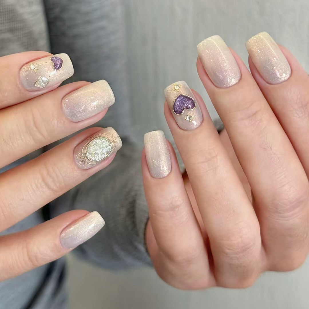 Decorative Press-On Nail Set with Gemstone Accents 1790745833