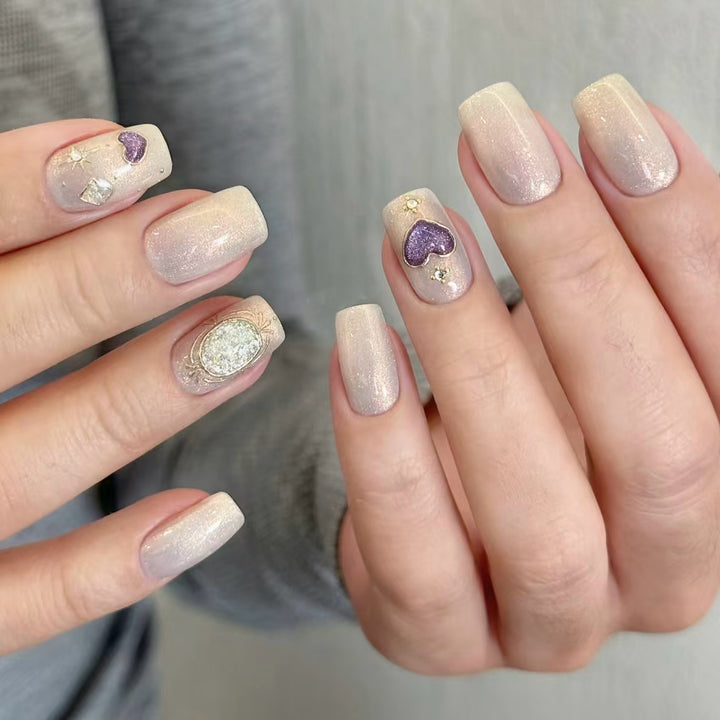 Decorative Press-On Nail Set with Gemstone Accents 1790745833