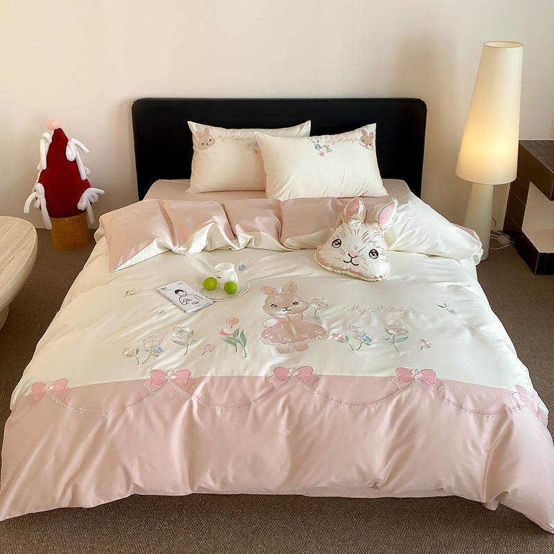 Whimsical Bunny Embroidered Duvet Cover Set with Reversible Sateen Back and Plush Accent