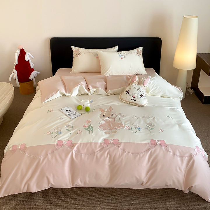 Whimsical Bunny Embroidered Duvet Cover Set with Reversible Sateen Back and Plush Accent