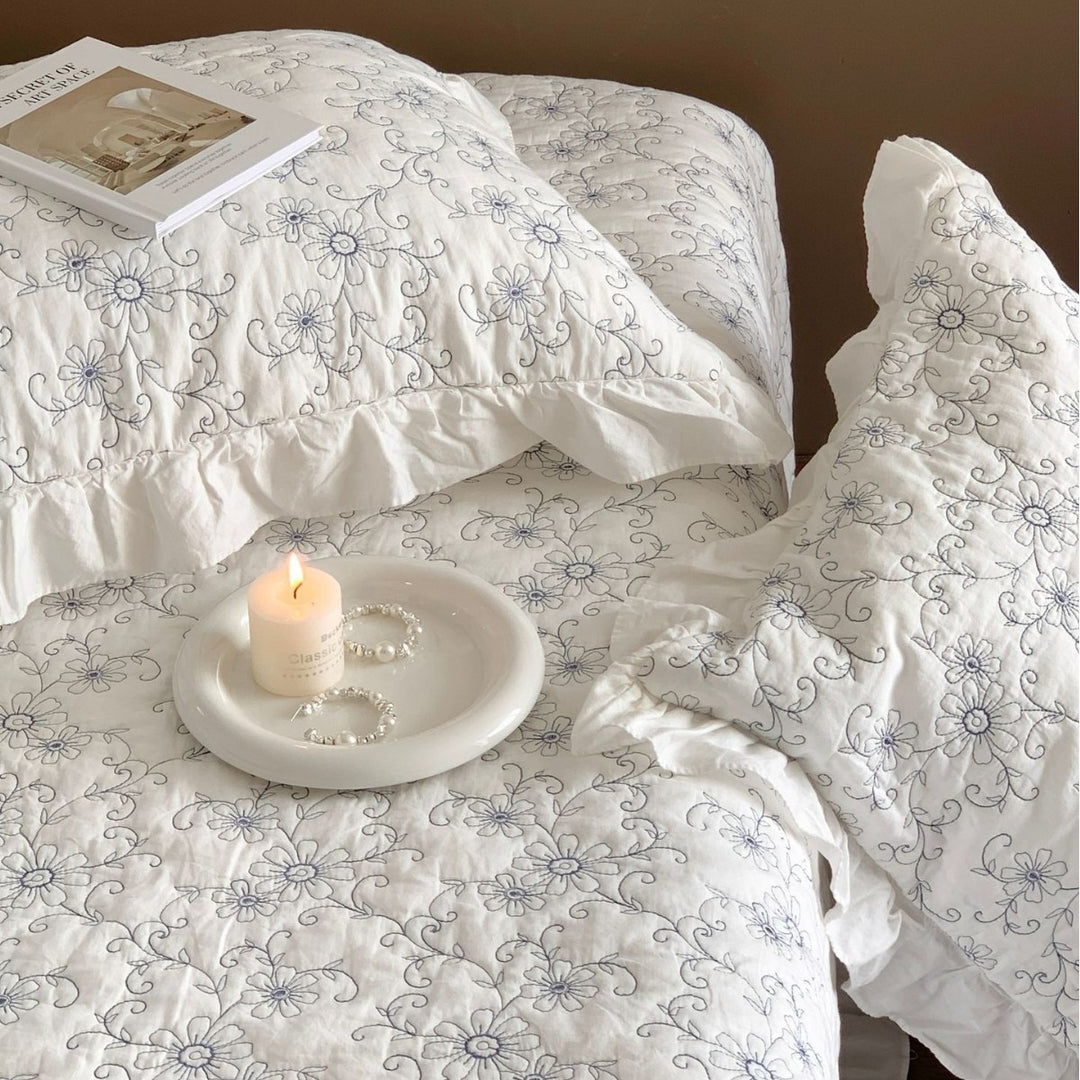 Quilted Floral Embroidered Bedspread with Ruffled Edge Pillow Sham Set