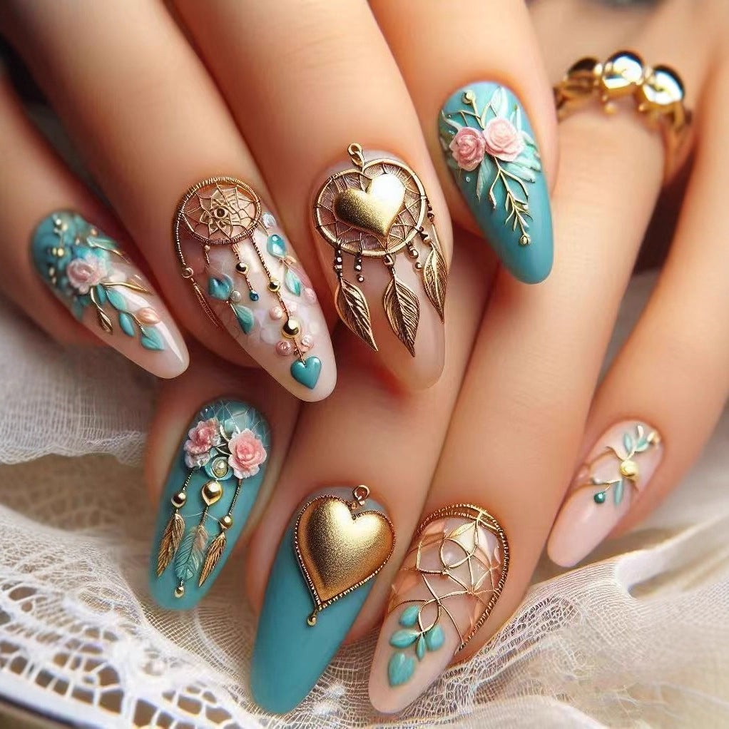 Acrylic nail set with stunning 3D rose and heart decorations Stornfield