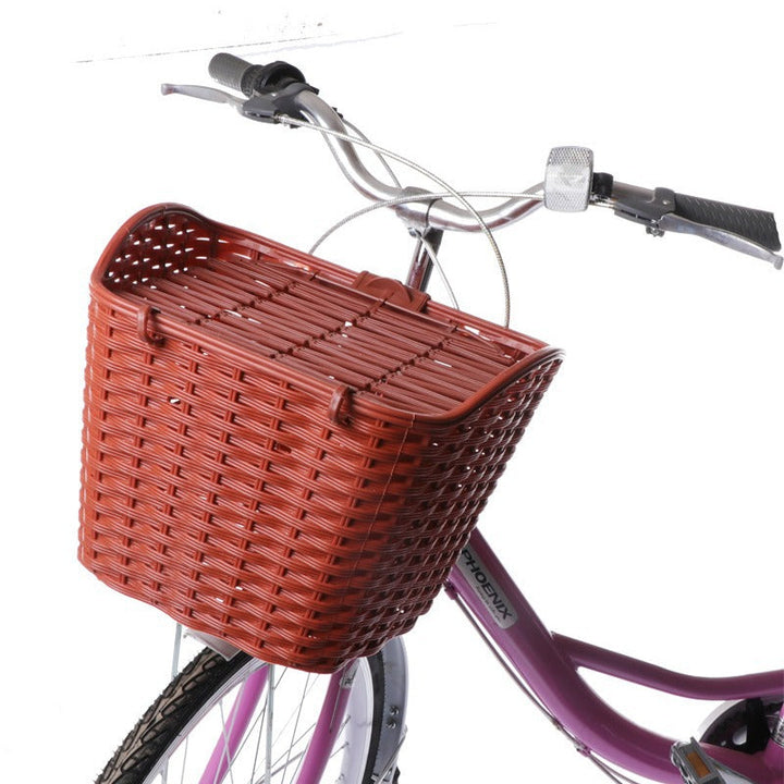 woven front bicycle basket with hinged lid and universal handlebar mount Stornfield