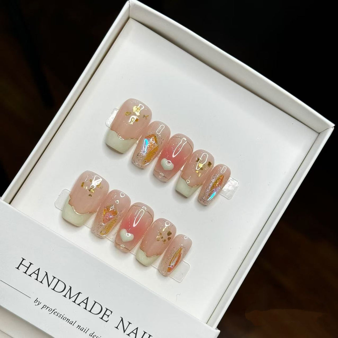 Handmade Decorative Press-On Nail Set with Heart and Glitter Accents