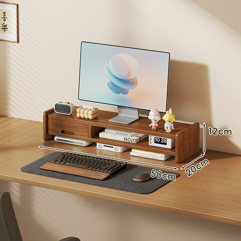 Solid Wood Monitor Riser and Desk Organizer with Dual-Level Shelf and Cable Management
