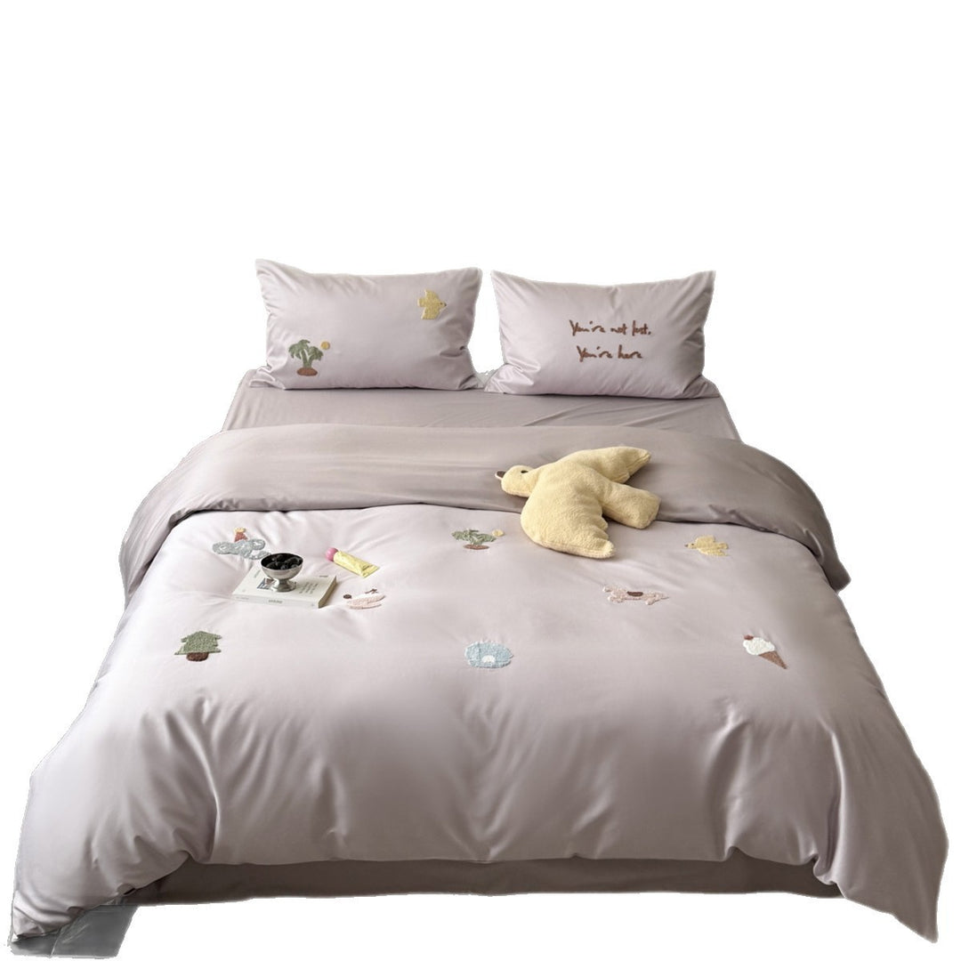 Playful Embroidered Satin-Feel Duvet Cover & Sheet Set