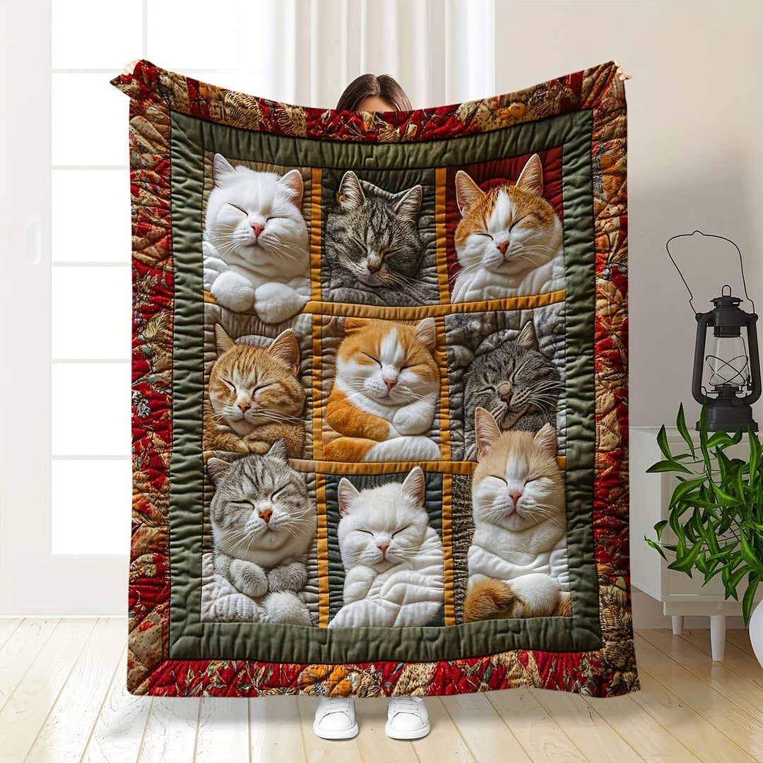 Fleece Blanket Featuring Illustrated Kittens