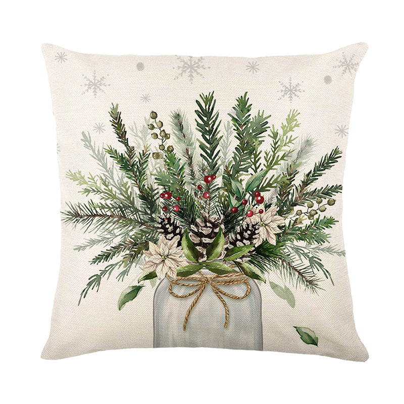 Square Linen-Blend Holiday Cushion Cover with Watercolor Evergreen Forest and Berry Accent