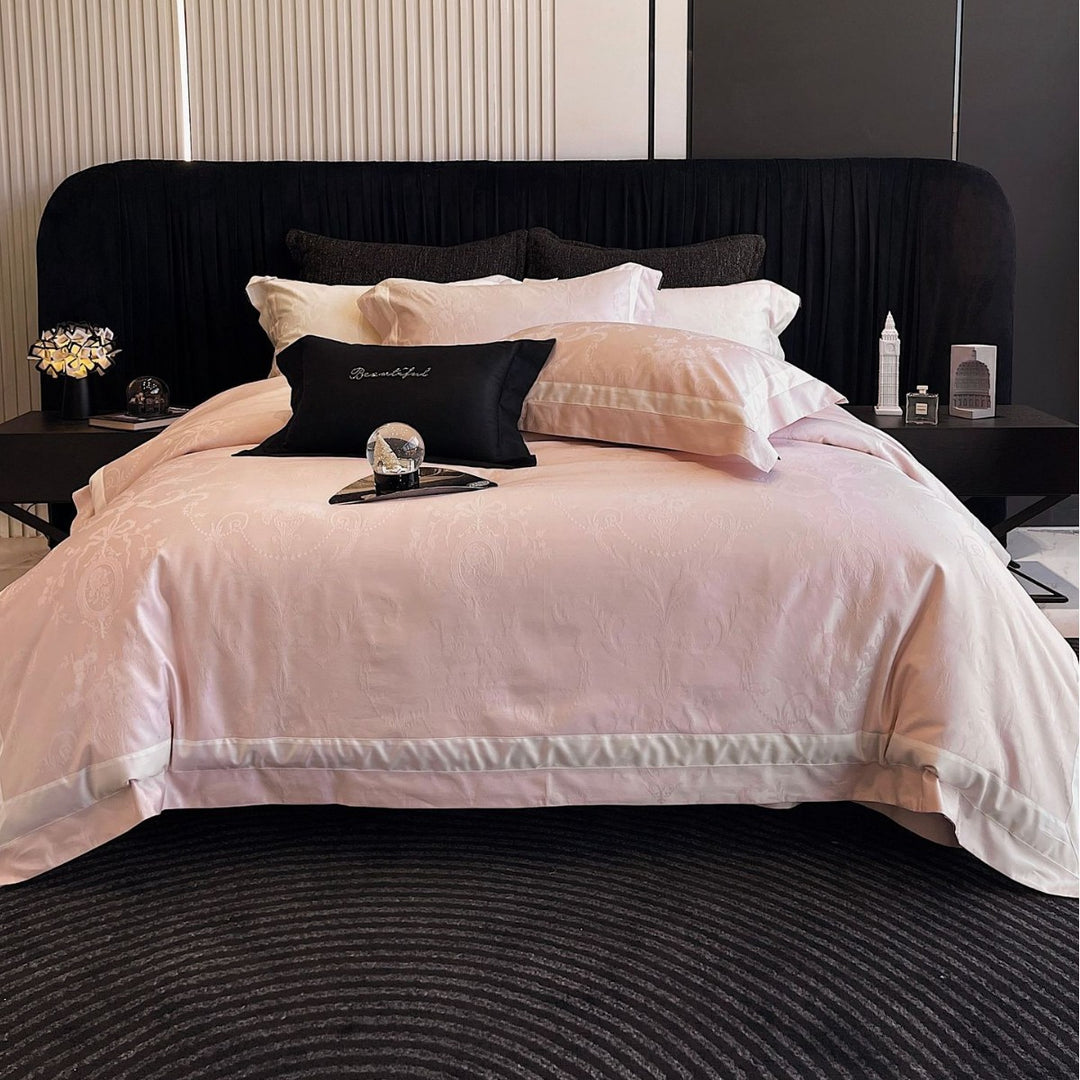 Jacquard cotton satin bed linen set with delicate medallion structure and satin border
