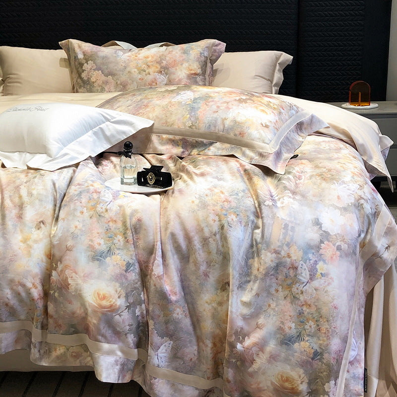 Satin-Feel Watercolor Floral Duvet Cover Set with Pillow Shams