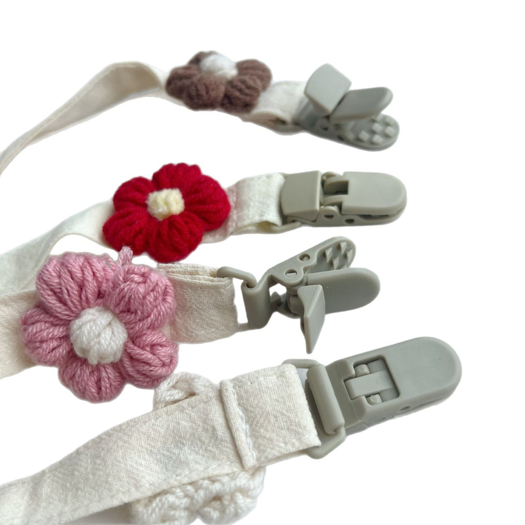 Handmade Cotton Pacifier Clip with Gingham Strap and Knitted Flower