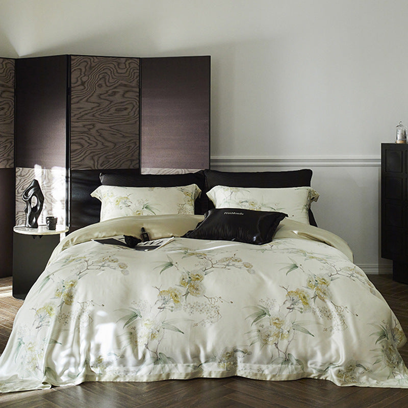 Luxurious cotton satin bedding set with fine botanical branch pattern and silky-soft touch