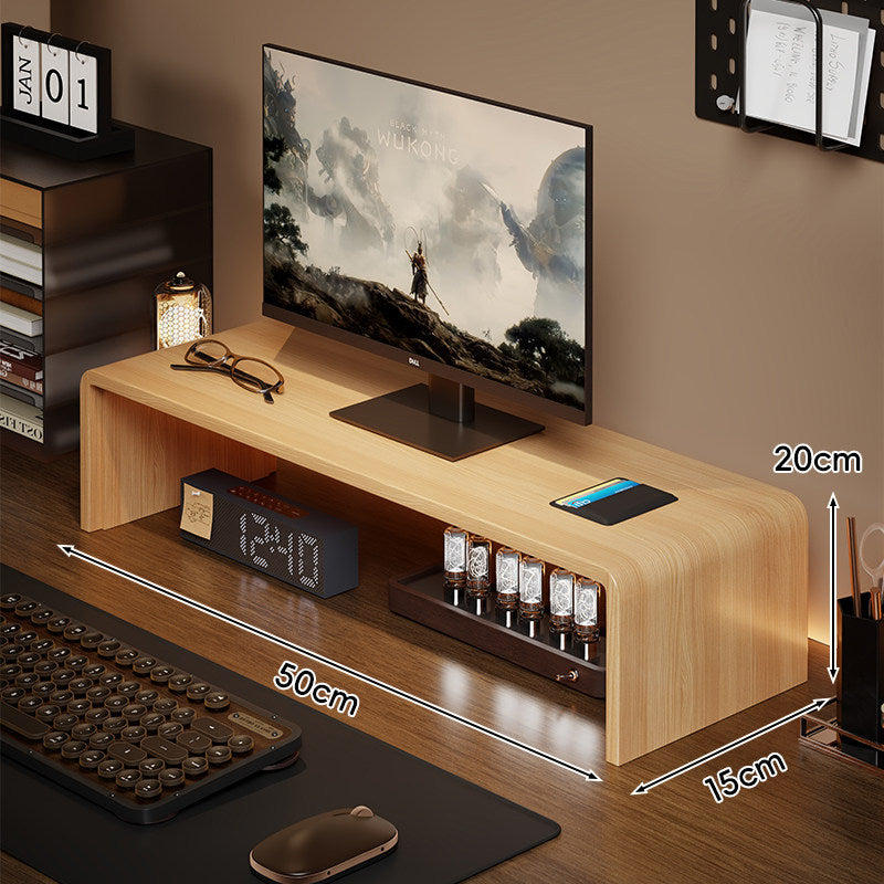 Low-Profile Curved Desktop Monitor Platform with Integrated Under-Shelf Organizer and Ambient Backlight