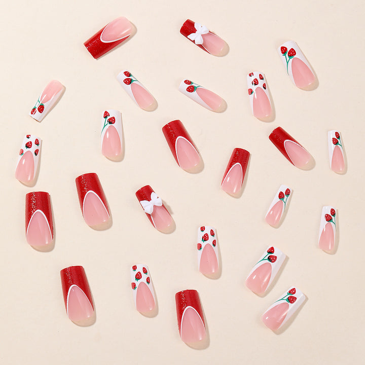 Strawberry Bow-Accent Acrylic Nail Art Extensions Stornfield