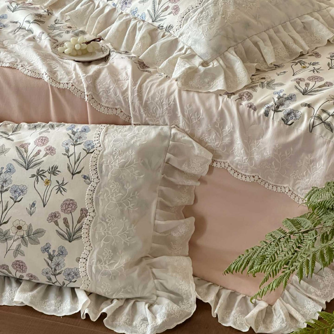 Floral Ruffled Cotton Duvet Cover and Pillowcase Bedding Set