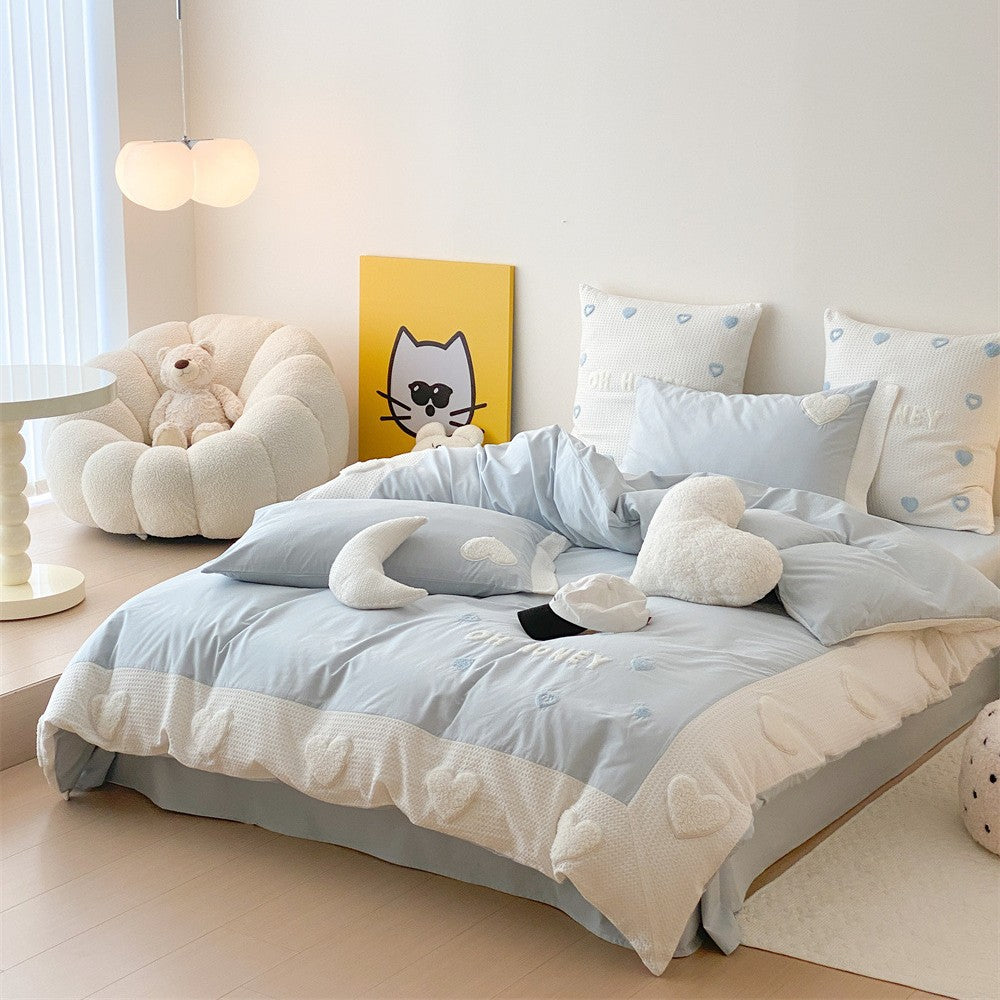 Romantic Embroidered Heart Cotton Duvet Cover Bedding Set
