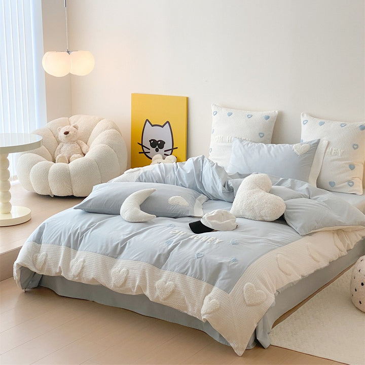 Romantic Embroidered Heart Cotton Duvet Cover Bedding Set