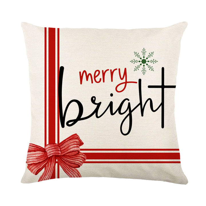 Holiday Linen Throw Pillow Cover with Merry Bright Script and Ribbon Bow Accent