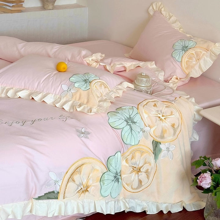 Ruffled Lemon Embroidered Duvet Cover Set with Decorative Shams