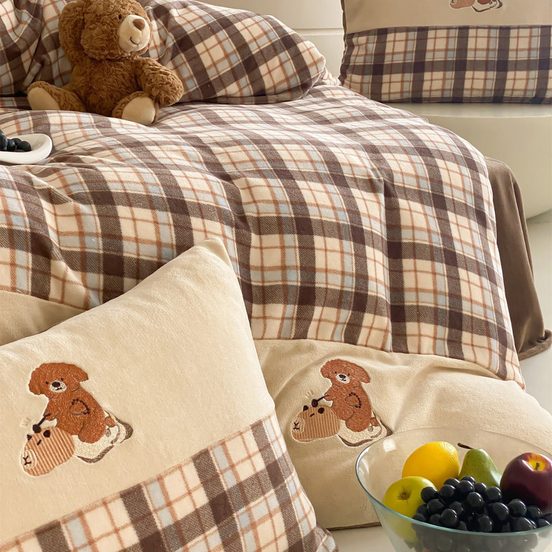 Embroidered Striped Cotton Flannel Duvet Cover Set with Pom-Pom Edge