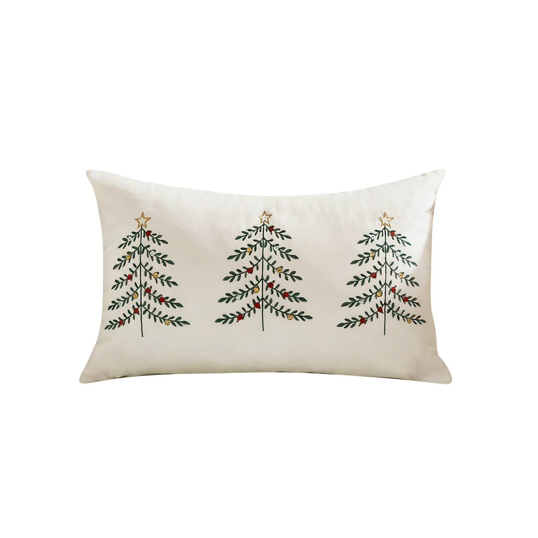 Embroidered Festive Lumbar Throw Pillow Cover with Trio Christmas Tree Motif