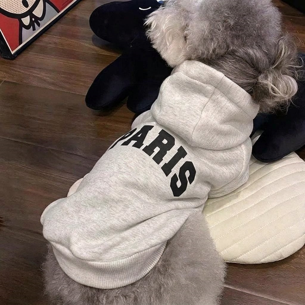 Small Dog Hooded Cotton Fleece Pullover with Collegiate PARIS Print