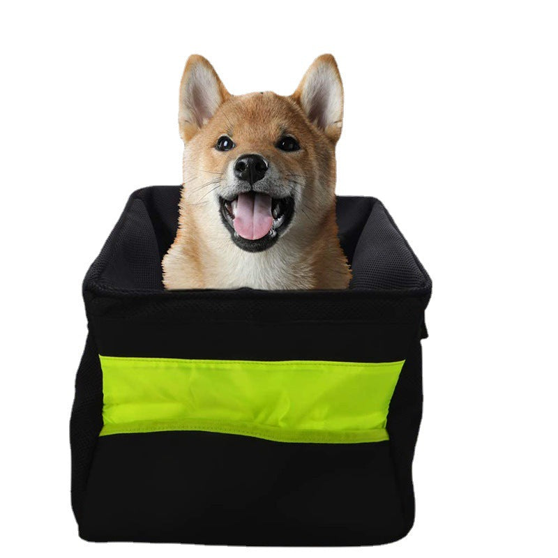 front-mount urban bike pet carrier basket with high-visibility strip padded foam walls quick-release mount and internal safety leash Stornfield