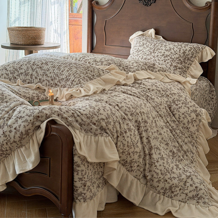 Floral Quilted Ruffled Duvet Cover Set with Gathered Pillow Shams