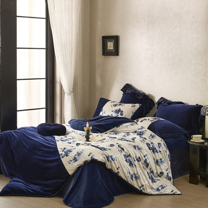 Velvet-Finish Reversible Comforter & Floral Panel Bed Ensemble