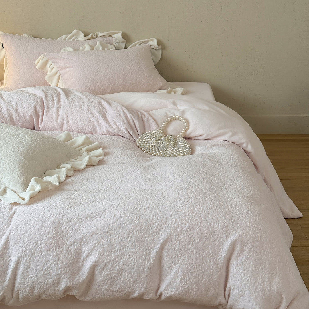 Quilted Floral-Embossed Cotton Duvet Cover Set with Ruffle-Trim Pillow Shams & Reversible Lightweight Layer