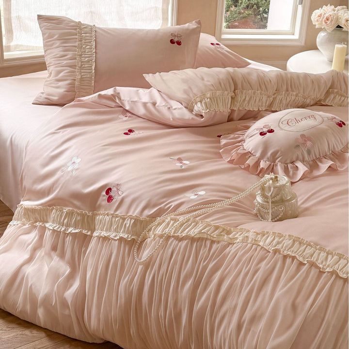 Ruffled Embroidered Cherry Cotton Sateen Duvet Cover Bedding Set with Decorative Round Throw Pillow