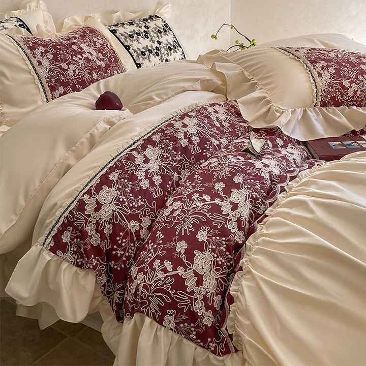 Ruffled Satin Bedspread Set with Floral Jacquard Panels and Gathered Bed Skirt