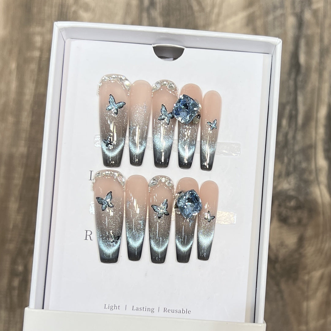 Artistic Ombre Press-On Nail Art Set with Butterfly and Gemstone Accents Stornfield