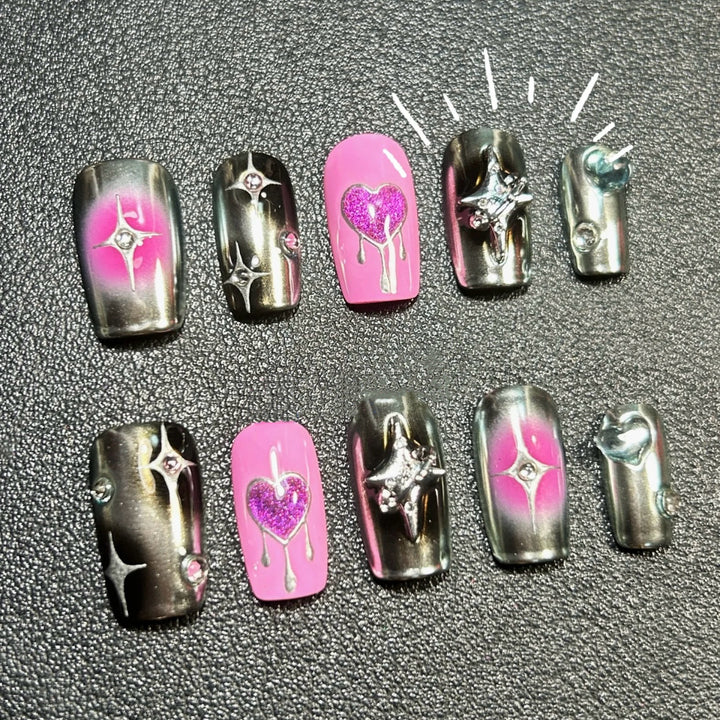 Decorative Press-On Nail Art Set with Heart and Star Designs