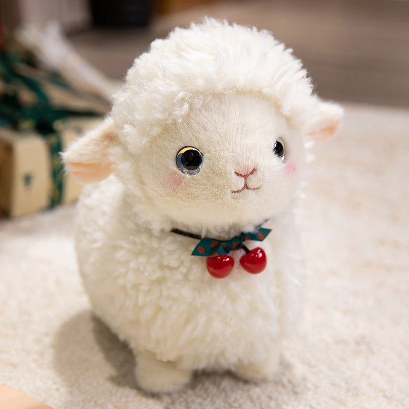 Curly Plush Lamb Comforter Toy with Embroidered Face and Decorative Bow Charm Stornfield