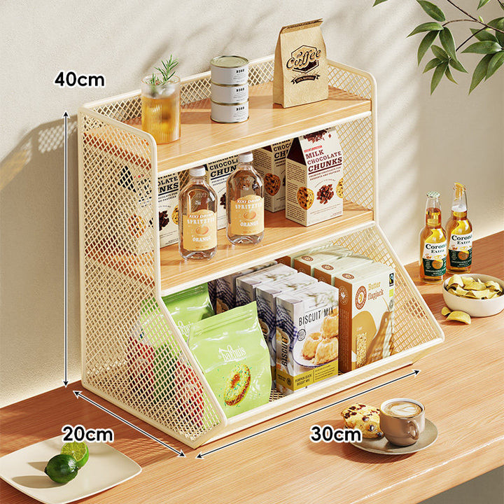 Compact Mesh Countertop Pantry Organizer with Two Wooden Shelves and Deep Front Basket