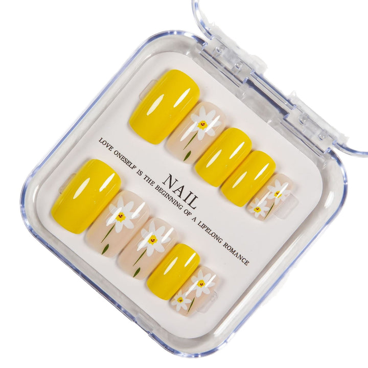 Floral Press-On Nail Set with Yellow Accent