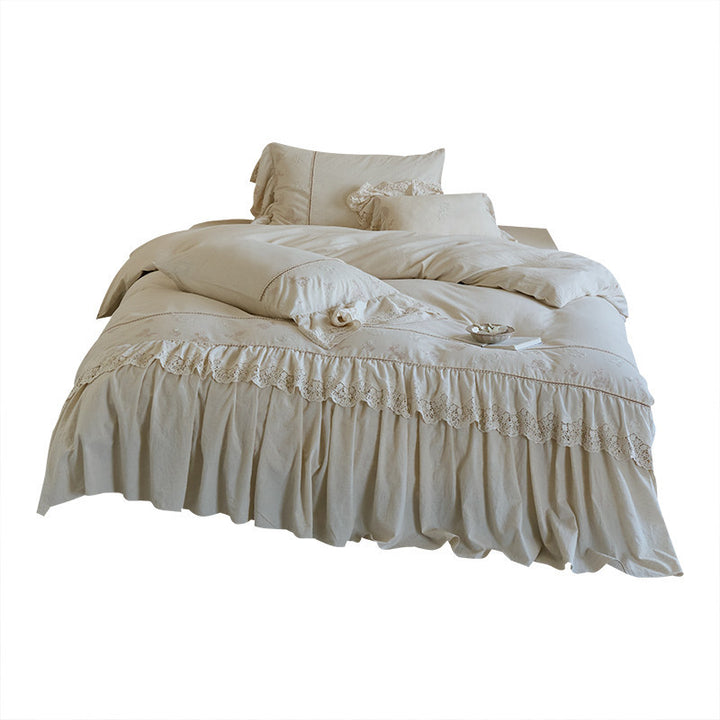 Embroidered Cotton-Linen Ruffled Duvet Cover Set with Lace-Trim and Deep-Fit Skirt